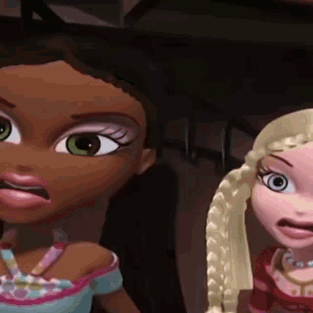 two cartoon dolls are standing next to each other and looking at the camera . one of the dolls has braids in her hair .