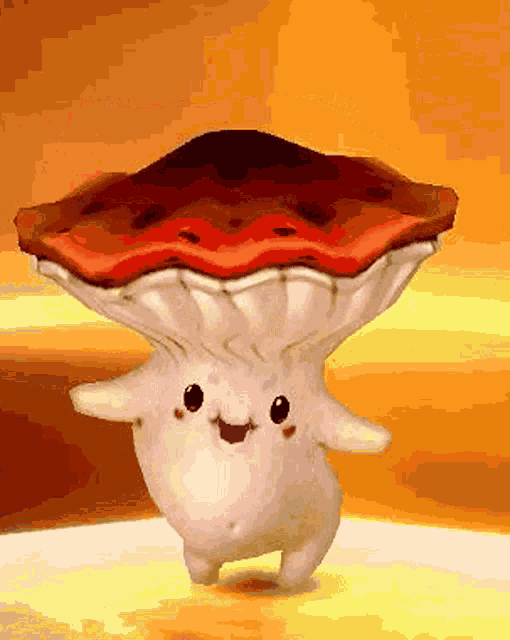 a cartoon drawing of a mushroom with a red top and a smiling face