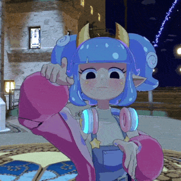 a cartoon character with blue hair and horns giving the thumbs up