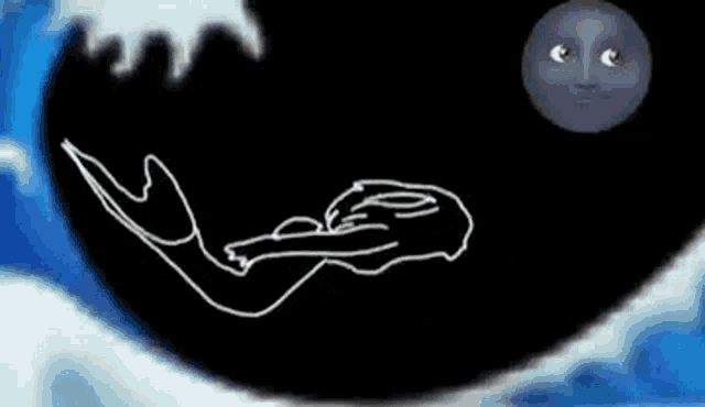 a drawing of a woman laying on her back in front of a blue moon .