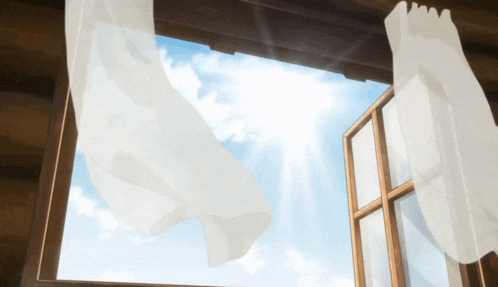 an open window with white curtains blowing in the wind and the sun shining through