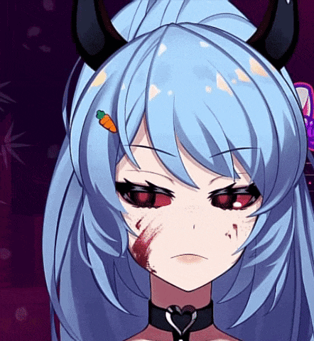 a blue haired anime character with horns and a carrot in her hair