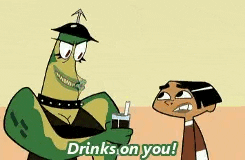a cartoon character is holding a bottle on another character 's head .