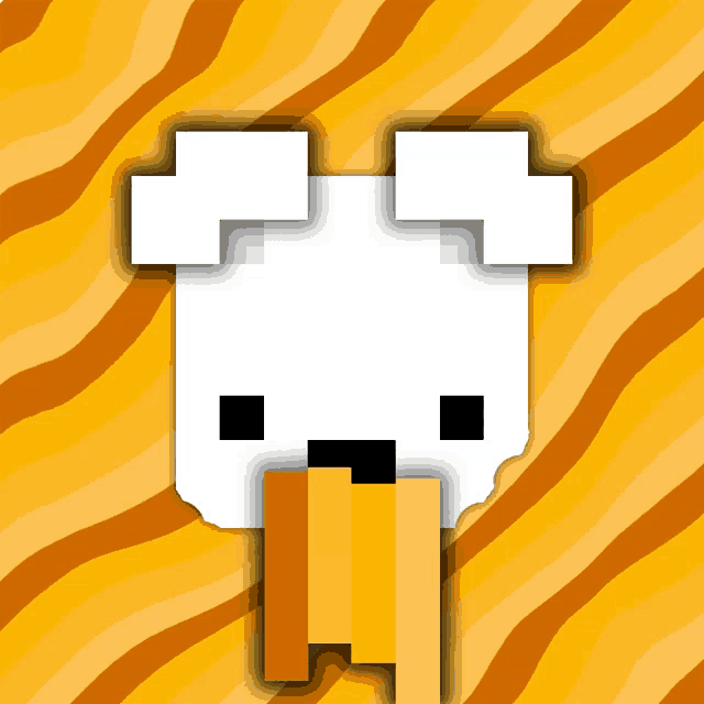 a pixel art of a dog with a yellow tongue sticking out on a yellow and orange background