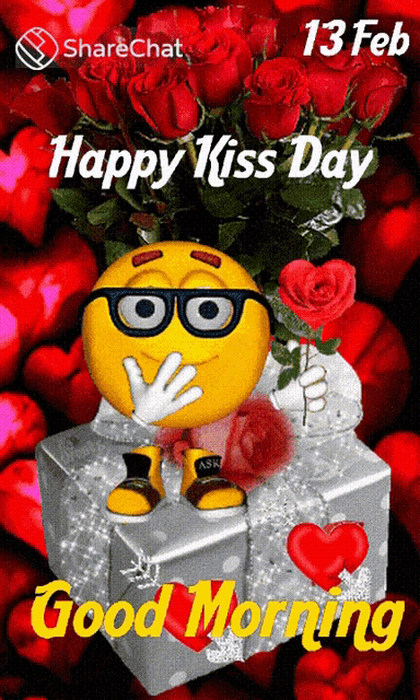 a smiley face with glasses is holding a bouquet of red roses and says happy kiss day