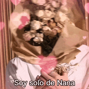 a woman holding a bouquet of flowers with the words soy solo de nana below it