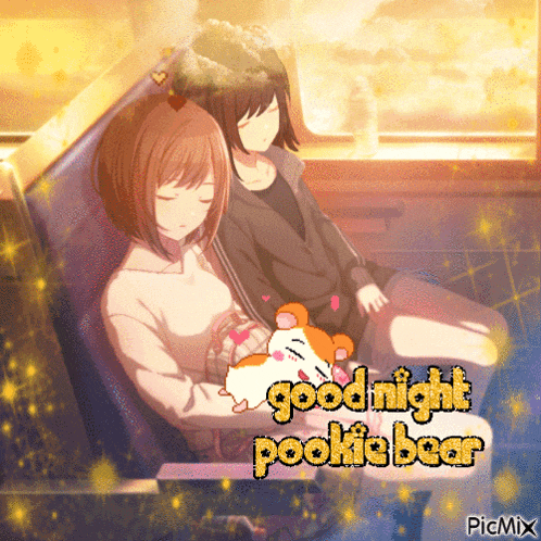 a picture of two girls sleeping with a hamster and the words " goodnight pookie bear "