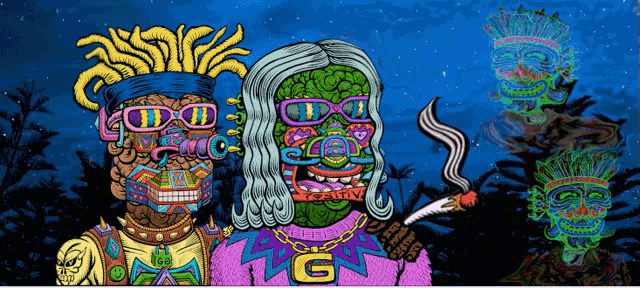 a colorful drawing of a man smoking a cigarette with the letter g on his sweater