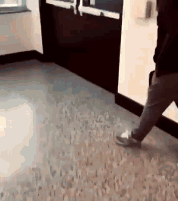 a person is walking on a carpeted floor in a room .
