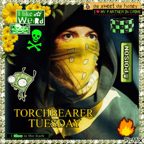 a picture of a man with a bandana on his face and the words " torchbearer tuesday "