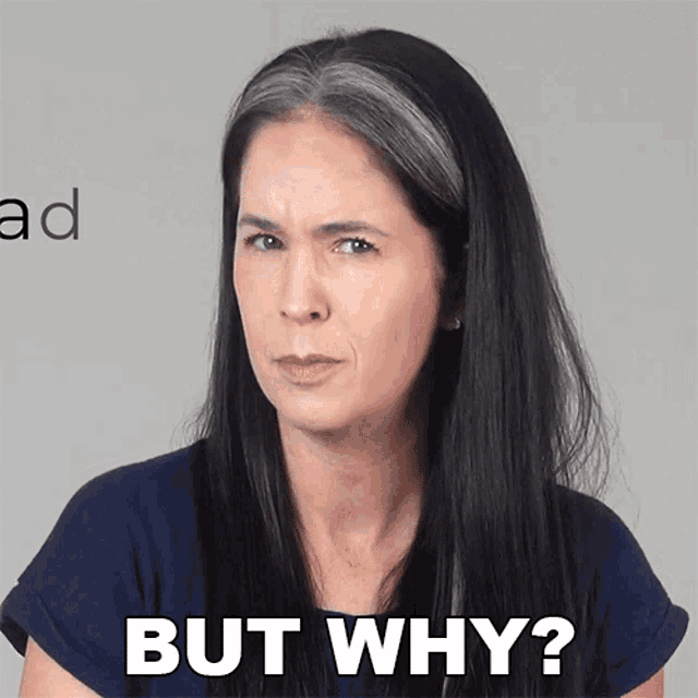 a woman with long black hair is making a face and says " but why "