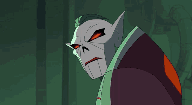 a cartoon character with red eyes and a gray face