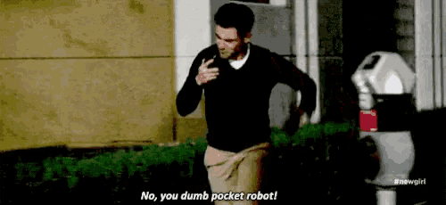 a man in a black sweater is running and saying " no you dumb pocket robot "