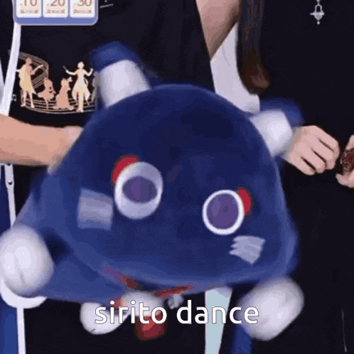 a person is holding a blue stuffed animal with the words sirito dance written on it .