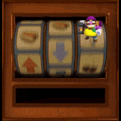 a cartoon character in a yellow apron and purple hat is standing on a slot machine