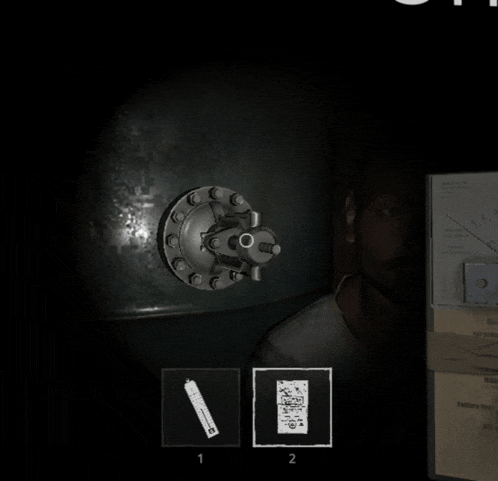 a screenshot of a video game shows a man looking at a lock with the number 1 on it