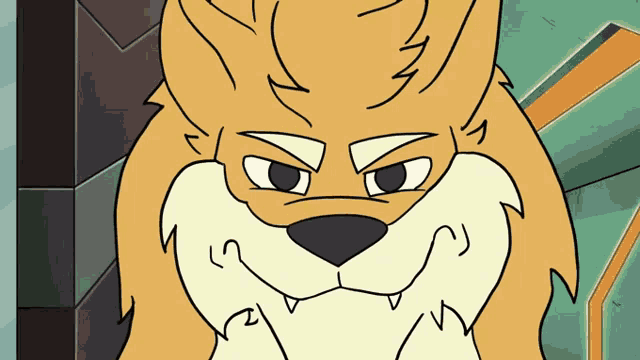 a close up of a cartoon lion 's face with an angry expression