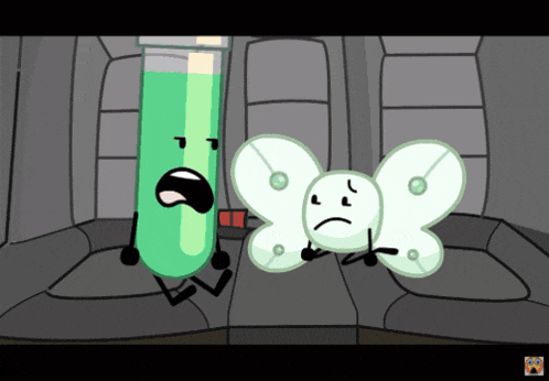 a cartoon drawing of a green tube and a white butterfly