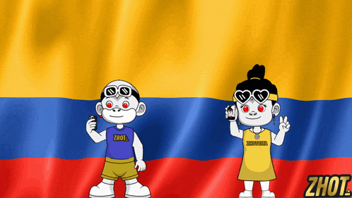 two cartoon characters standing in front of a colombia flag