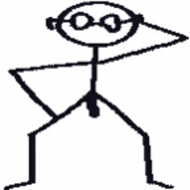 a stick figure wearing glasses is standing on one leg and looking up .