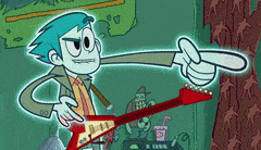 a cartoon character is holding a red guitar and pointing at something