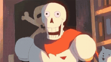 a cartoon skeleton is standing in front of a wall with a pirate flag on it .