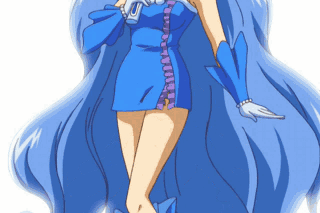 a cartoon character with blue hair and a blue dress