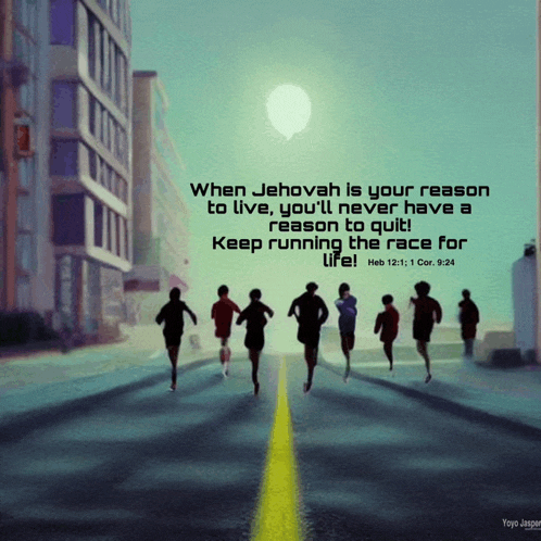 a group of people are running down a street with a quote from heb 12 1 1 cor 9:24
