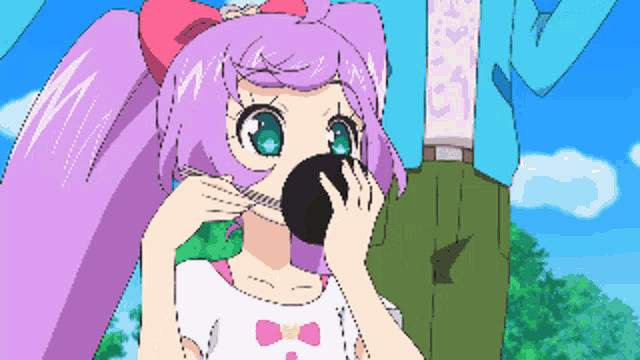 a cartoon girl with purple hair and green eyes