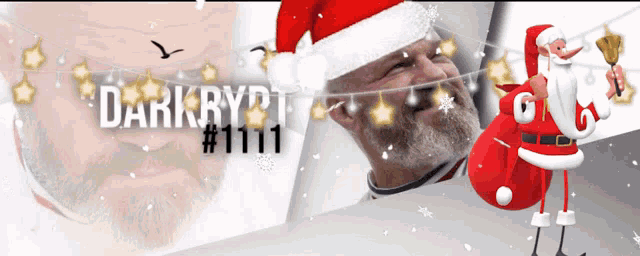 a man wearing a santa hat is next to a cartoon of santa claus