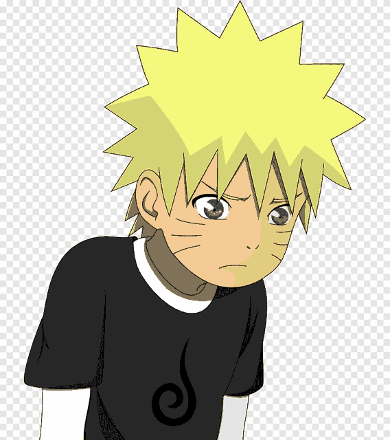 a cartoon character with yellow hair and blue eyes is wearing a black shirt with a swirl on it