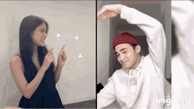 a man and a woman are making a heart shape with their hands and the words imgplay are on the bottom right