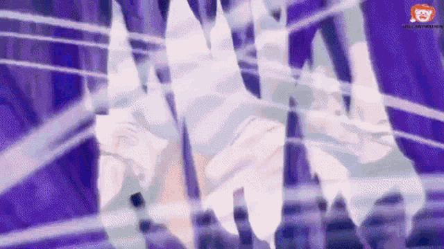 a purple background with a few white lines and a cartoon character in the background