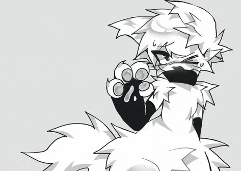 a black and white drawing of a furry character with a paw on its face .