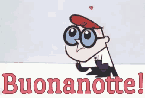 a cartoon character with glasses and the words buonanotte in the background