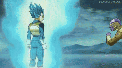 a cartoon character is standing next to a cartoon character in a blue costume .