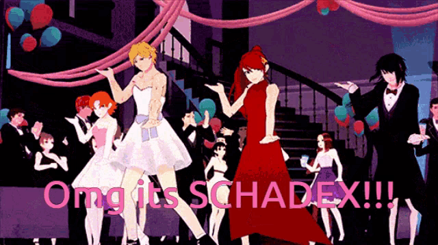 a group of anime characters dancing with the words omg it 's schandex