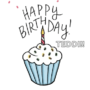 a cupcake with a candle and the words happy birthday teddie