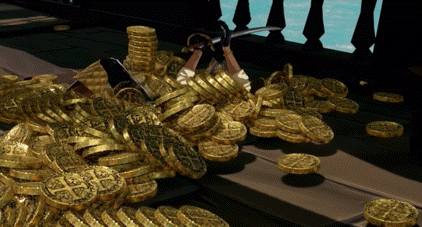 a pile of gold coins with a sword in the middle