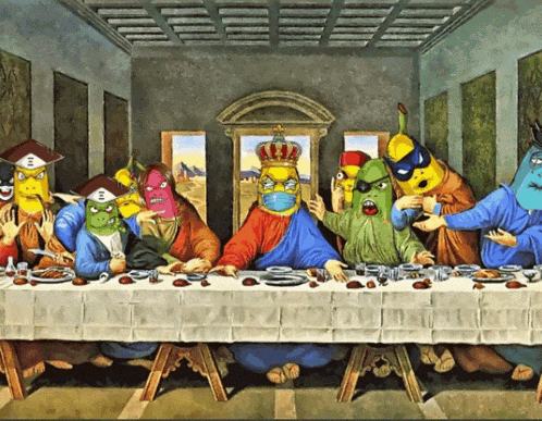 a painting of the last supper with jesus wearing masks
