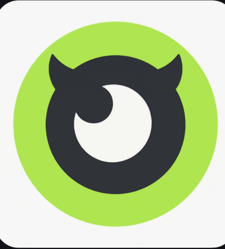 a green circle with a black circle with horns and a white circle in the middle