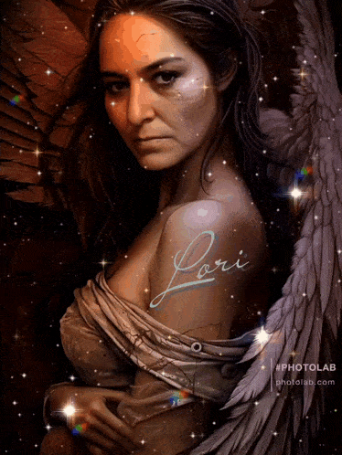 a painting of a woman with angel wings and the name lori on her arm