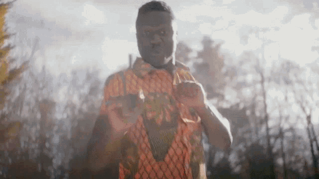 a man in a colorful shirt is standing in front of a forest with his fist in the air .