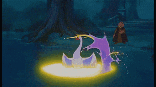 a cartoon drawing of a purple and yellow object in the water