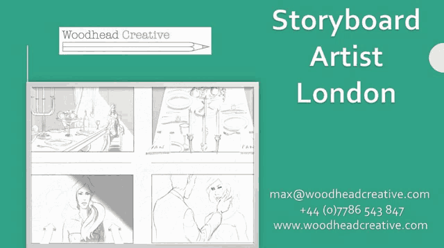a poster for a storyboard artist in london with a phone number