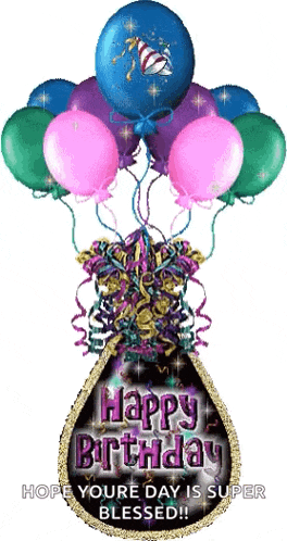 a happy birthday card with balloons and confetti