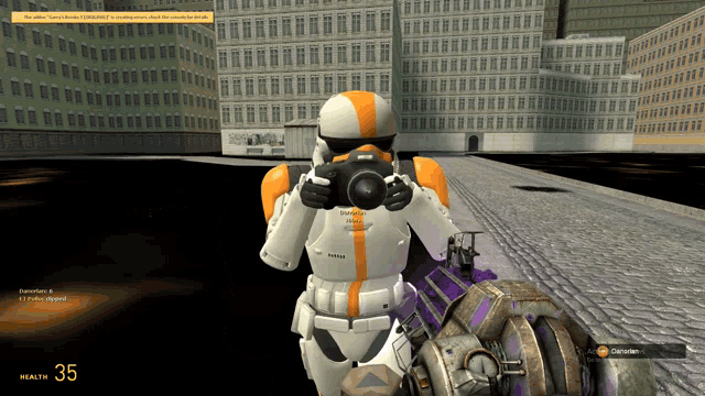 a video game screen shows a storm trooper holding a camera and the number 35 on the bottom