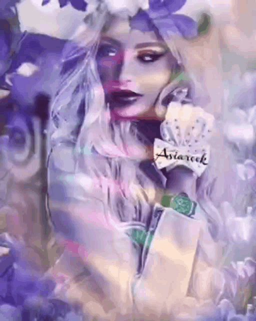 a painting of a woman with purple flowers in her hair and a watch that says astarock