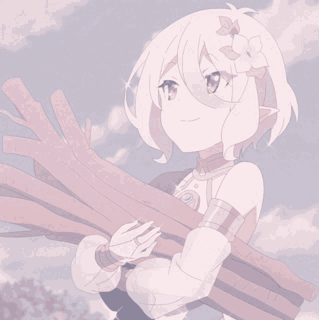 a girl with a flower in her hair is holding a bunch of wood