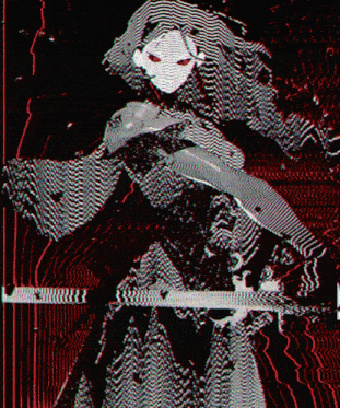 a black and white image of a person with red eyes